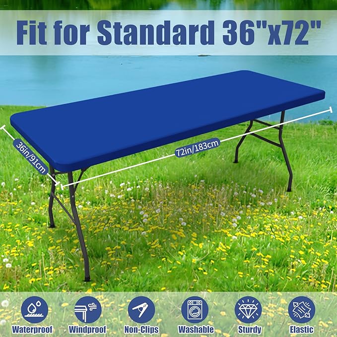 Moosfor Spandex 6 Foot Rectangle Table Cloth 2 Pack, Elastic Fitted Tablecloths for Picnic, Stretch Washable Patio Table Cover for Outdoor, Camping, Banquet and Parties (Blue, 36"x72")