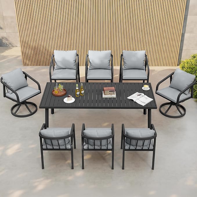 Outdoor Dining Set,9-Piece Patio Dining Table Set for 8 with Rectangular Table and 6 Thick Cushion Dining Chair & Swivel Chair, Aluminum Patio Furniture Set for Backyard, Garden (Black)