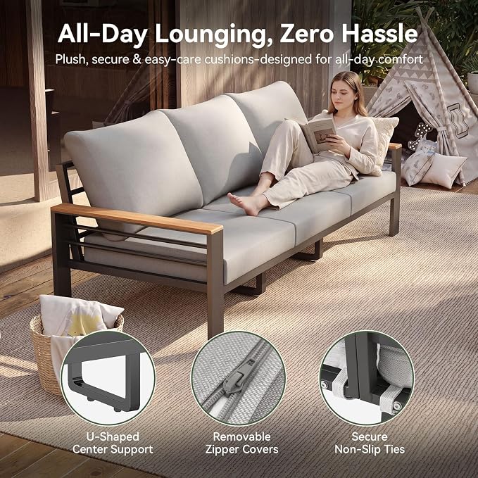 Aoxun Patio Furniture Set, Aluminum Patio Set with Fire Pit Table and 5" Thicken & Washable Cushion, Waterproof Outdoor Furniture, Outdoor Couch Sectional for Backyard (LS-7 Seats/F, Grey)