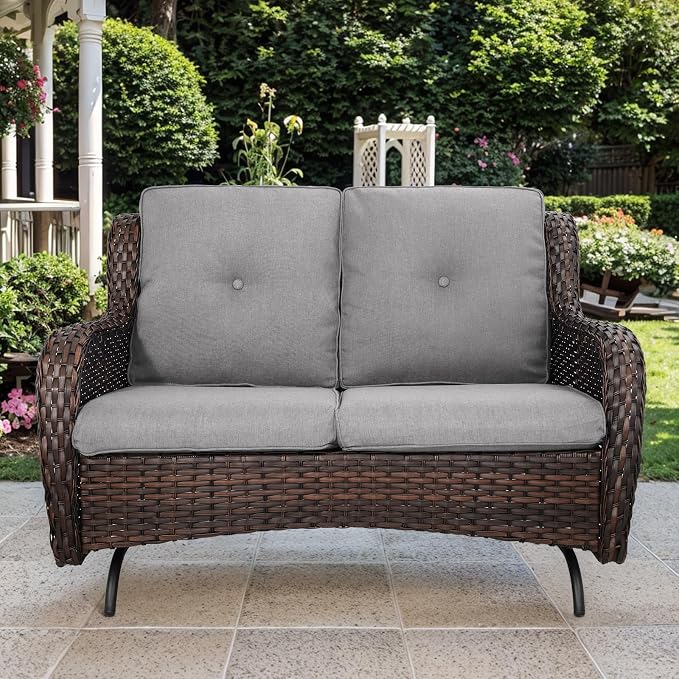 Patio Loveseat Glider Set, Resin Wicker Loveseat Glider with 4 Swivel Patio Chiars Coffee Table, 6 Piece Patio Conversation Set PE Rattan Loveseat Set, Brown Wicker|Grey Cushions