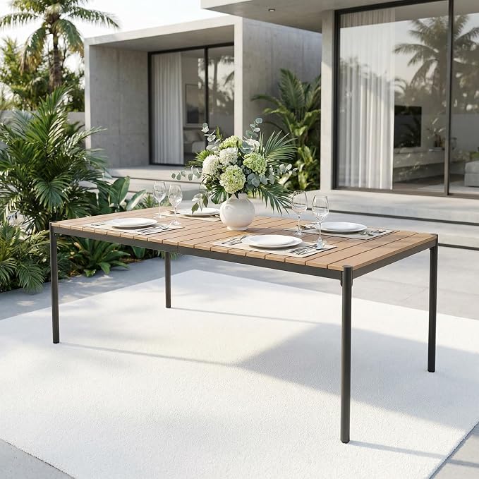SUNSITT 9 Piece Outdoor Patio Dining Set, Patio Dining Furniture Set with 82.6” Metal Dining Table w/WPC Tabletop and 8 Patio Woven Rattan Chairs w/Curved Armrest for Garden, Beige