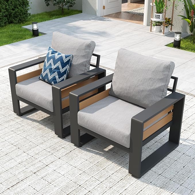 Aoxun Aluminum Patio Furniture Set, 2 Piece Luxury Outdoor Sectional with 6" Olefin Fabric Cushions, Patio Conversation Sets with Coffee Table Outdoor Sofas for Backyard, Porch Light Grey