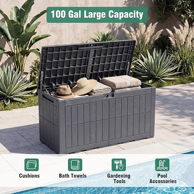 Tangkula 100 Gallon Outdoor Storage Box, Waterproof PP Resin Patio Storage Box with Lockable Lid for Indoor & Outdoor Use, 2-in-1 Rattan Design Deck Box for Cushions, Garden Tools