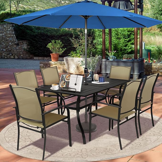 SUNCROWN 8 - Piece Outdoor Dining Set, Patio Furniture Set with 6 Textilene Dinning Chairs, 1 Rectangle Metal Table and 1 Dark Blue 9Ft Patio Umbrella for Lawn Garden Backyard Deck, Brown