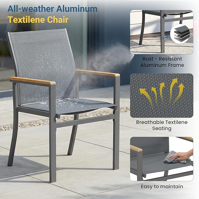 5-Pieces Aluminum Patio Table and Chairs Set, Outdoor Patio Furniture Set with Heavy Duty HDPS Round Table, All-Weather Outdoor Dining Set with Breathable Quick-Drying Textilene Chairs for Patio