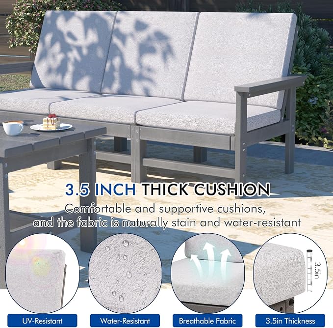 7-Piece HDPE Patio Furniture Set, All-Weather Outdoor Sectional Sofa Set w/Coffee Table+Side Table - Wood-Like Composite Conversation Couch for Deck, Lawn, Balcony - Grey Frame with Cushion