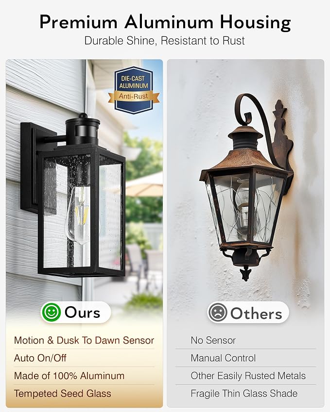 VIANIS 2 Pack Motion Sensor Porch Lights Outdoor, Modern Black Exterior Lighting Fixtures Wall Mount for House, Anti-Rust Waterproof Outdoor Sconce Lights for Garage, Front Door with Seeded Glass