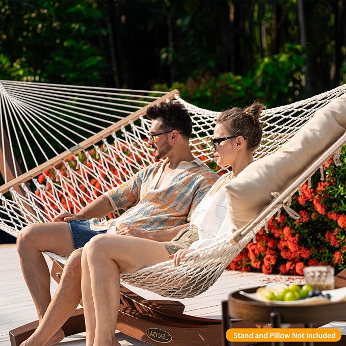 Lazy Daze Hammocks Double Rope Hammock, 2 Person Traditional Outdoor Hand Woven Cotton Rope Hammock with Spreader Bar, Carabiners, Tree Straps, Chains for Patio Yard - Max 450 Lbs, Natural