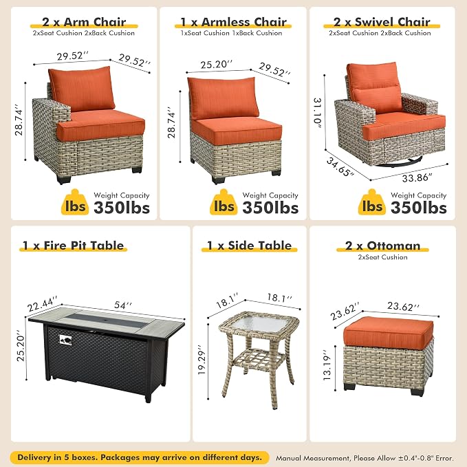 9 Pcs Outdoor Sectional Patio Furniture Set with Fire Pit Table and Swivel Rocking Chairs - All Weather Wicker Modular Outside Sectional Couch,Patio Seating Outdoor Conversation Sets,Orange Red