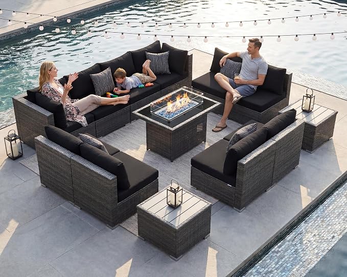 NICESOUL 13 Piece Outdoor Sectional Furniture with Firepit, Contemporary Back Yard Fireplace w/Seating Area, Plus Size 29.3'' High Back Patio Set, All-Weather Wicker Couch for Exterior, Gray & Black