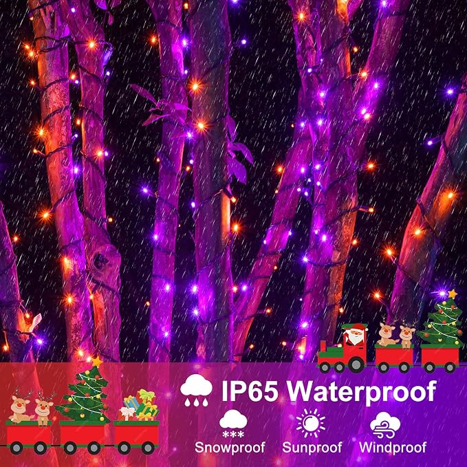 Orange and Purple Halloween Lights, 66FT 200 LED Outdoor String Lights | Waterproof 8 Modes Plug in Connectable Halloween Decorations for Outside Indoor Home Garden Patio Party Holiday