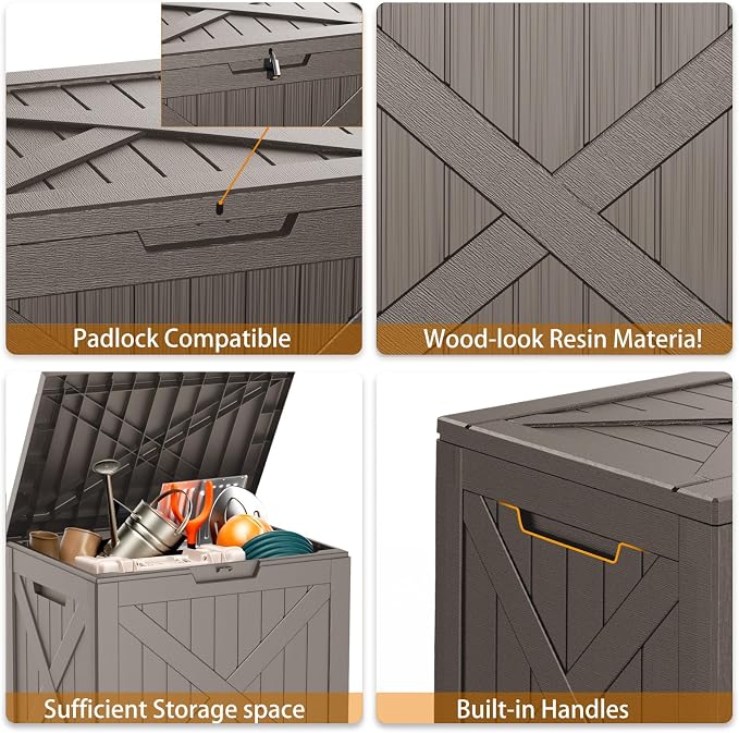 PatioZen 32 Gallon Resin Deck Box, Lockable Outdoor Storage Box for Patio Cushions Storage Furniture,Garden Tools, Pool Supplies, Weatherproof and UV Resistant (Grey)