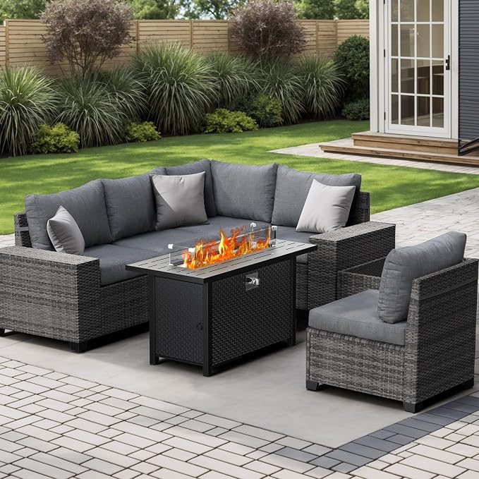 JOIVI 7 Pieces Outdoor Patio Furniture Set with 45” Fire Pit Table, Rattan Patio Sectional Sofa Conversation Set with 50000BTU Propane Fire Pit and Coffee Table for Garden, Backyard, Deck, Gray
