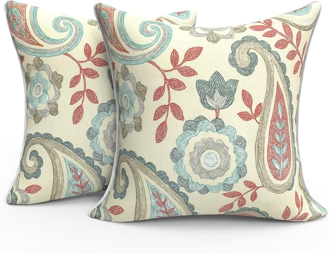 Outdoor Throw Pillow Covers Pack of 2, Decorative Water Repellent Square Pillow Cases with Piping 18x18 Inch, Paisley Vintage