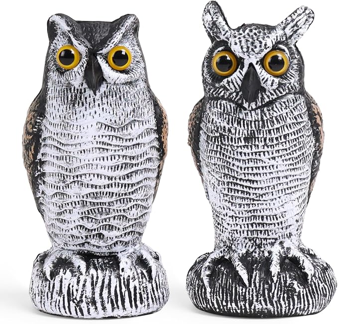 OFFO 2 Pack Fake Owl, Owl Statue for Garden and Yard Decoration, Weatherproof Plastic Outdoor Owl Decor for Porch Pool Patio Yard, 8-Inch Height, Round + Long Ear Owl