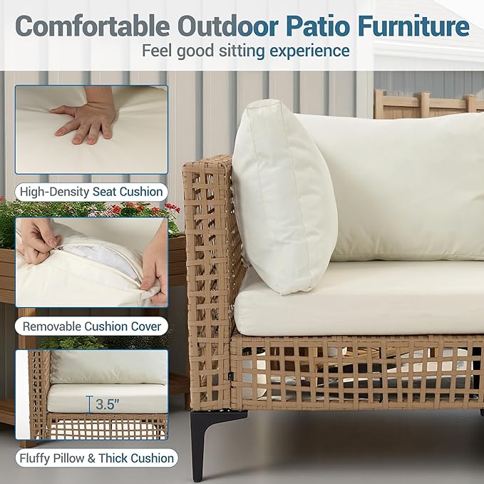 7 PCs Outdoor Patio Furniture All Weather Wicker Rattan Sectional Conversation Sofa Set w/Water Resistant Cushions, Coffee Table for Paito, Lawn, Garden, Beige