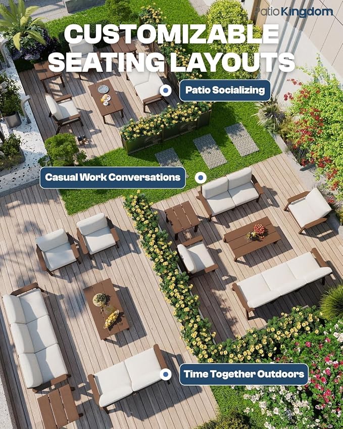 7 Piece Patio Conversation Set, Outdoor Couch with Washable Thick Beige Cushions, HDPE Patio Furniture Set, Outdoor Sectional Furniture for Backyard, Deck, Lawn, Porch (Brown Frame)