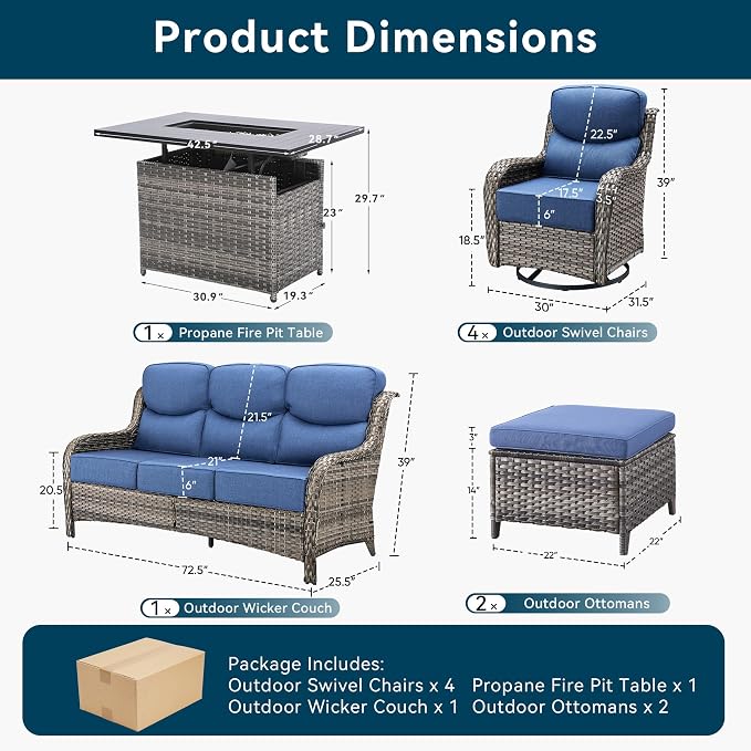 Luxury Patio Furniture Set with Fire Pit Table-8 Pieces All Weather Outdoor Swivel Rocker Chairs with Sofa and Ottomans. Outdoors Patio Conversation Sets for Porch Deck Garden Backyard(Grey/Blue)