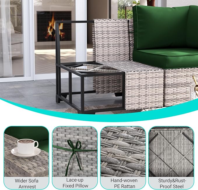 6-Piece Outdoor Patio Furniture Set Wicker Sectional Sofa Set, Patio Conversation Set with Thickened Cushions & Chunky Arms Coffee Table for Garden, Backyard, Poolside, Green