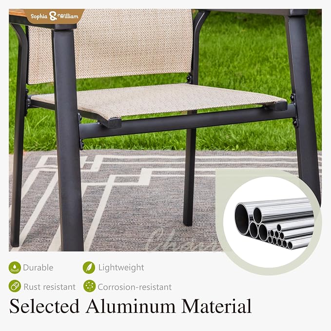 Sophia & William Round Patio Dining Set for 4 with Aluminum Chairs, Beige | Metal table, Stackable sling chairs, Breathable & quick-drying, Light-weight & space-saving, Umbrella Hole, Outdoor, 5 piece