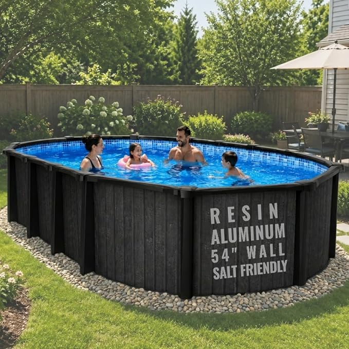 18x39 FT 54-Inch Oval Above Ground Swimming Pool Kit | Saltwater Friendly Aluminum Wall Pool Set with Heavy Duty Premium Resin Top Rails & Uprights | Includes 20 Mil Overlap Liner, Skimmer & Return