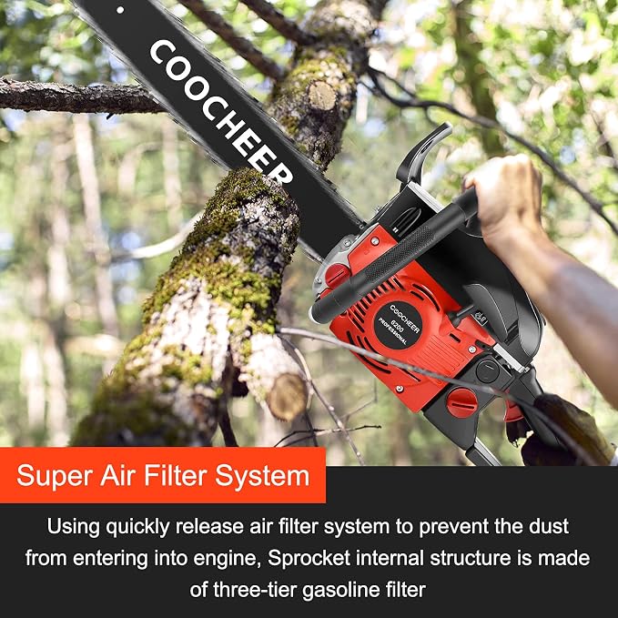 COOCHEER Powerful 62cc 20 Inch Gas Chainsaw, 3.5 HP 2-Stroke Handheld Chain Saw for Wood Cutting, Farm Clearing & Tree Trimming