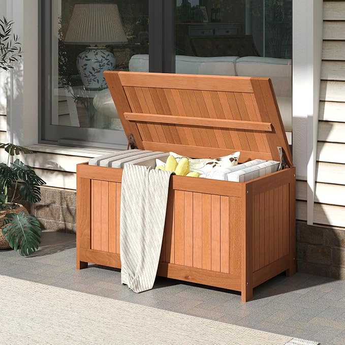 HAPPYGRILL Outdoor Wood Deck Box with Flip Top, Patio Storage Bench for Garden, Poolside, Backyard, 52 Gallon