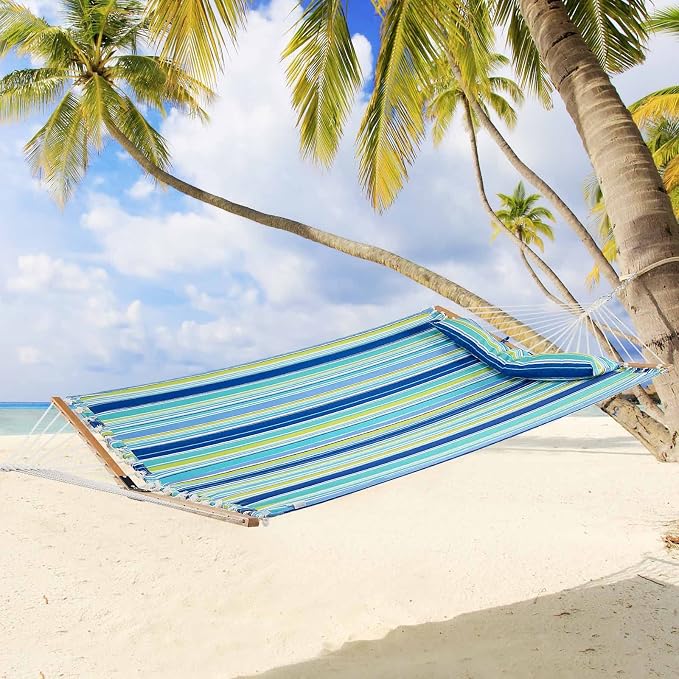 GYMAX Hammock, Portable Hammocks with Spreader Bars & Detachable Pillow, Quick Dry Adjustable Folding Camping Hammock for Outdoor Patio Beach Picnic Poolside