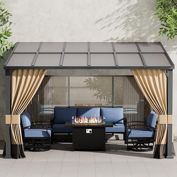 ALAULM 10'x 12' Outdoor Hardtop Pergola,Wall Mounted Lean to Gazebo with Curtains and Netting,Galvanized Metal Frame,Sunshade for Patio, Backyard, Deck and Lawns-Sand