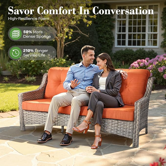 ovios 6 Piece Outdoor Patio Furniture with 3 Seat Sofa,Rattan Wicker Coversation Set with High Back,Sectional Single Sofa with Ottoman for Outside Porch Balcony Backyard Pool, Red