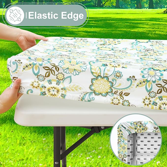 misaya Picnic Table Cover with Bench Cover, Waterproof Elastic Fitted Tablecloth for 8 Foot Tables, Rectangle Washable Polyester Tablecloths for Picnic, Camping, Outdoor (Paisley Flower, 30" x 96")