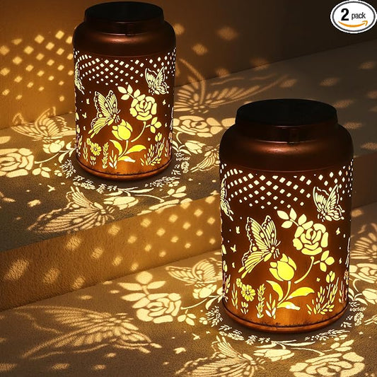 2 Pack Solar Lanterns Outdoor Waterproof, Butterfly Rose Garden Decor Birthday Gifts for Women Mom Grandma Hanging Solar Lights Metal Solar Decoration Outside for Yard, Patio, Lawn | Birthday Gifts for Women Mom Grandma Hanging Solar Lights Metal Solar...