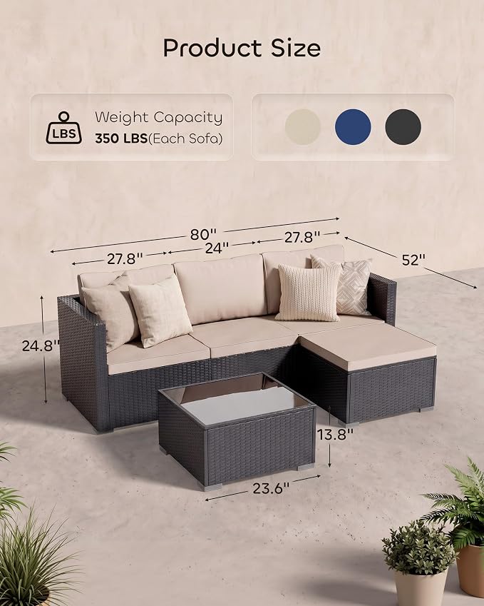 Skyfish Patio Furniture Set - Wide Armrests - All-Weather 5 Piece Outdoor Wicker Sectional Couch with Chaise Lounge,Couch Conversation Set, PE Rattan Sofa for Backyard Porch Poolside Black/Khaki