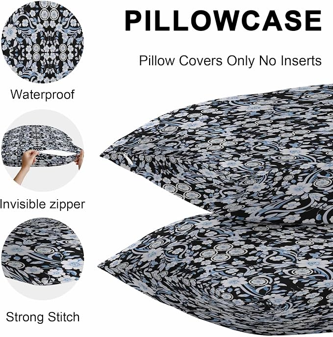 Black Blue Floral Outdoor Pillow Covers 26x26 Inch Throw Pillow Covers Set of 2 Waterproof Decorative Pillow Cases Vintage Pastoral Botanical Leaves Cushion Covers for Patio Furniture Garden Couch