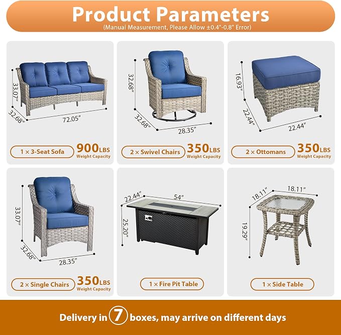 9 PCS Outdoor Patio Furniture Sets,Patio Conversation Sets Outside Rattan Soft Cushion Sofa with 2 Wicker Rocking Chairs & 54 in Fire Pit Table Fit Backyard Porch Garden Poolside Balcony,Navy Blue