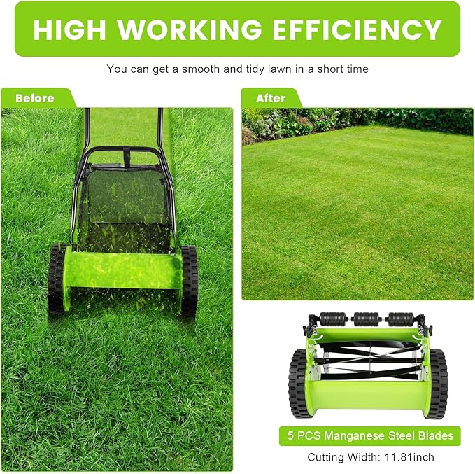 12 Inch Push Reel Lawn Mower, 5-Blade Walk Behind Reel Lawn Mower with Removable Grass Catcher,Quiet Manganese Steel Manual Grass Cutter, 0.67-1.3inch Adjustable Height, for Yard, Lightweight