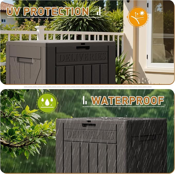 Devoko 48 Gallon Package Delivery Box Outdoor Secure Lockable, Waterproof Deck Box PP Material Storage Container for Porch, Deck (Deep Brown, 48 Gallon)
