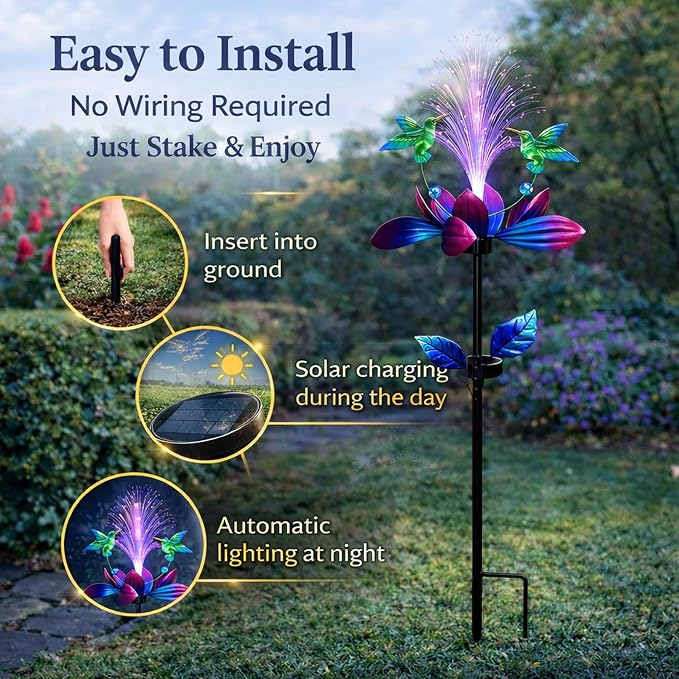 Solar Hummingbird Wind Spinner Outdoor 49 Inch Lotus Flower Metal Garden Windmill for Yard and Color Changing Fiber Optic Solar Yard Art Kinetic Wind Spinner Gift for Women Mother's Day Garden Gift