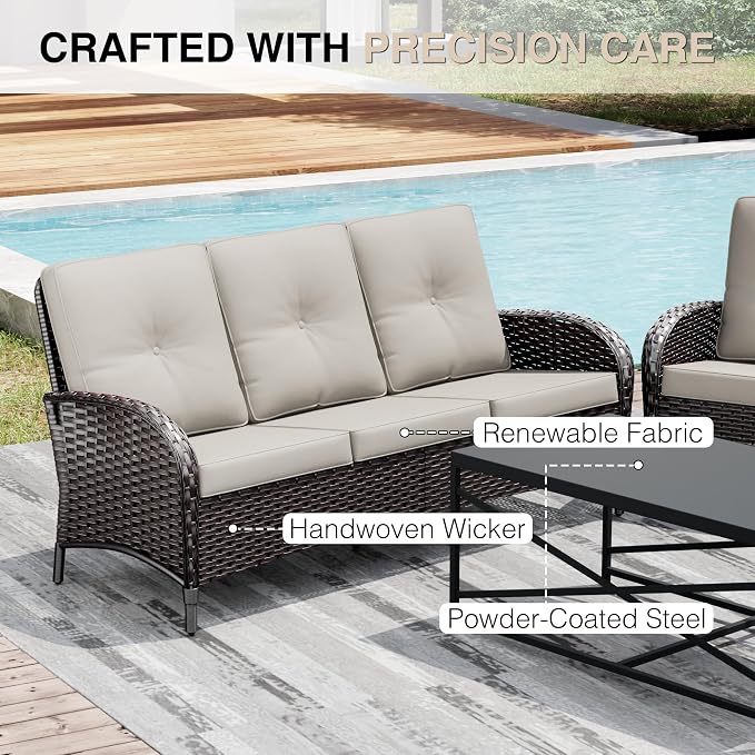 Joyside Wicker Patio Furniture Set, 7 Piece Outdoor Furniture Set with Thickened Cushions, High Back, Deep Seating, Wide Armrest, Outdoor Swivel Rocker Chairs for Porch, Deck