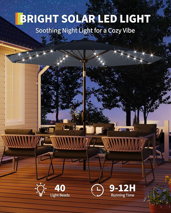GarveeLife 10 ft Patio Umbrella with Solar Lights, 8 Ribs Outdoor Market Table Umbrella with 40 LED Lights & Tilt Crank for Pool, Deck, Backyard (Grey)