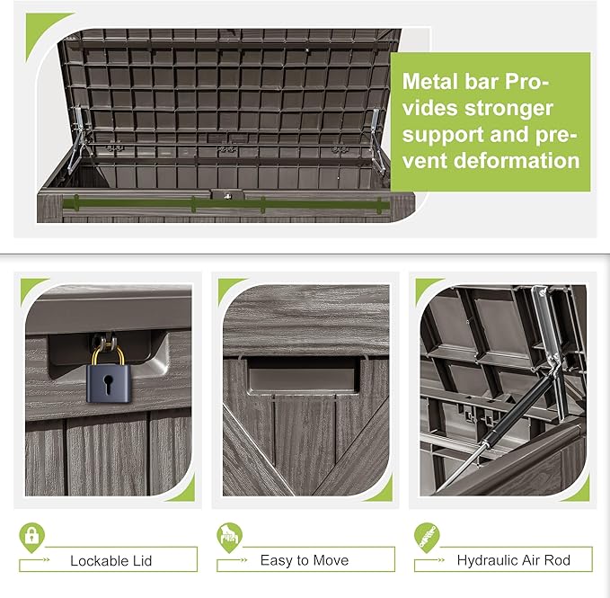 Greesum 120 Gallon Deck Box, Resin Outdoor Storage Container for Patio Furniture, Garden Tools, Pool Accessories, Weatherproof, Lockable, Brown