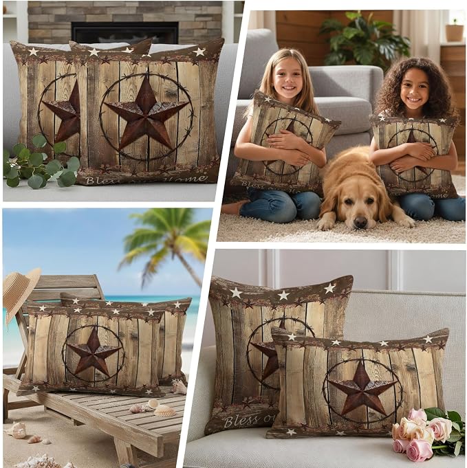 Waterproof Pillow Covers Set of 2 16x16 Inch Rustic Farmhouse Outdoor Cushion Covers Wood Texture Barn Star Decorative Pillow Cases for Patio, Sofa, Couch, Garden, Balcony