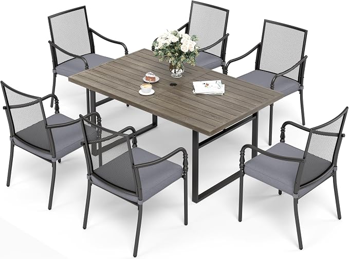 SUNSHINE VALLEY Patio Table and Chairs Set of 6, All-Weather Breathable Metal Mesh Patio Chair with Gourd-Shaped Armrests, 64x38 Wood-Like Table with Umbrella Hole, 7 Pcs Metal Frame Patio Dining Set