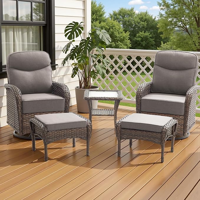 Luxury 6-Inch Cushion Outdoor Patio Furniture Set with Ottoman, Outdoor Swivel Rocker Patio Chairs with Side Table, Wicker Conversation Set for Deck Porch Garden Balcony and Poolside Gray