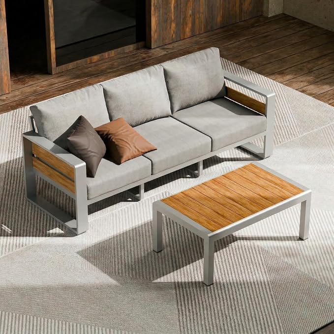ZANDOR Aluminum Outdoor Patio Furniture-3-Seat with Table,Sliver | Rustproof,High weight capacity,Water-repellent,Washable Cover,All-Weather Resistant,Easy clean,for Poolside Backyard Deck