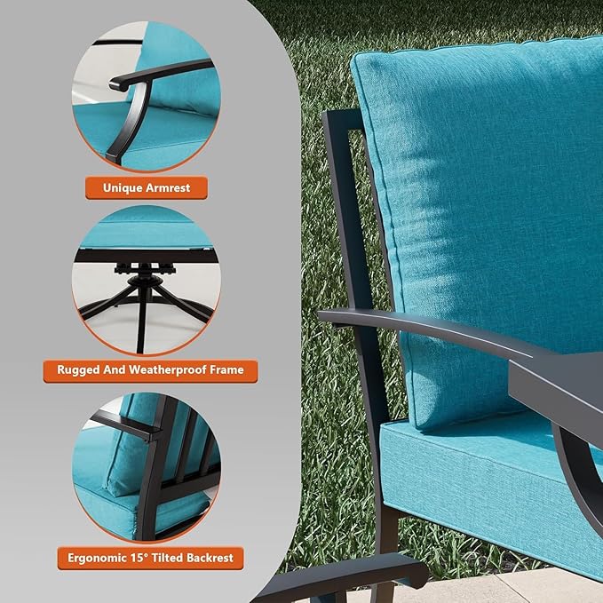 Kullavik 7 Pieces Outdoor Dining Set,Patio Dining Table and Chairs Set for 6,Fence Pattern Back Chairs with Thickened Cushions & Rectangular Metal Dining Table with Umbrella Hole for Patio,Blue