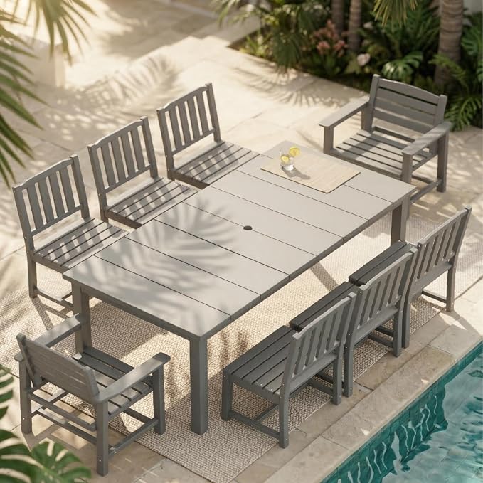 Kingdura 9 Piece Patio Dining Set for 8, 75.2'' HDPE Outdoor Dining Table Set with 2" Umbrella Hole, Weather-Resistant Outdoor Furniture, Table and Chairs Set for Backyard Pool Garden, Grey