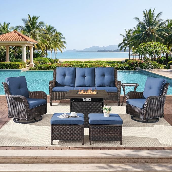Belord Patio Furniture Set with Fire Pit Table,7 Piece Wicker Outdoor Furniture Set, Swivel Rocker Chairs with Ottomans and Sofa, All Weather Patio Conversation Set, for Pool,Yard,Brown Wicker/Blue