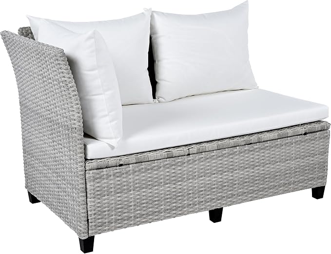GDFStudio Brava Patio 5-Piece Conversation Set, Outdoor Rattan Sectional Sofa Set with Extendable Side Tables, Dining Table and Bench, L Shaped PE Wicker Furniture Set for Garden, Poolside, White