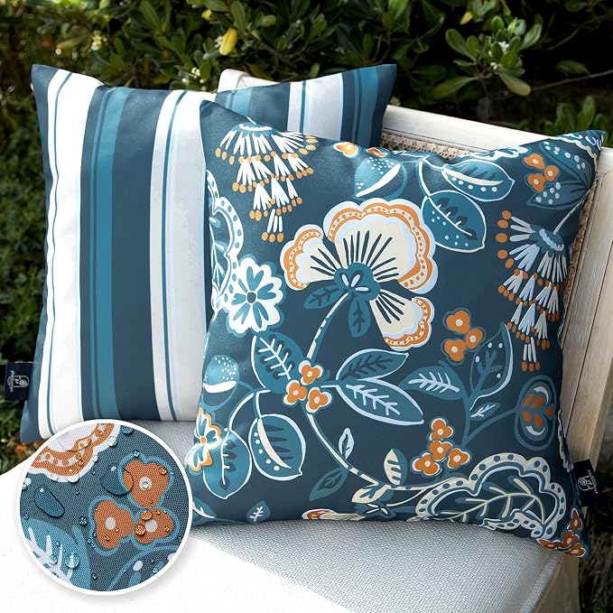 Phantoscope Pack of 2 Outdoor Indoor Throw Decorative Pillow Cover Floral Striped Waterproof Patio Pillows Cushion Case for Couch Tent Park, Dark Blue 20 x 20 Inches